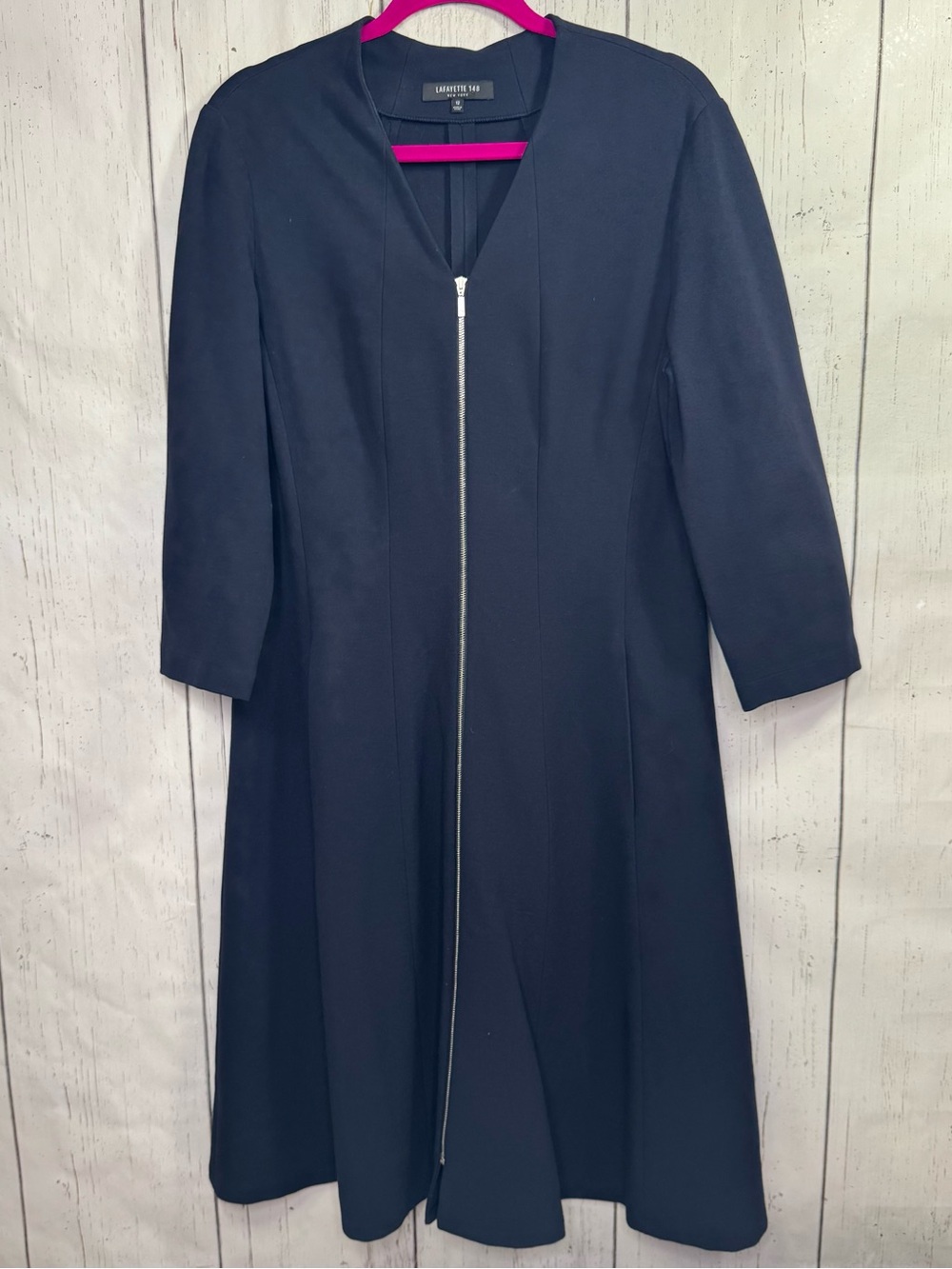 Lafayette 148 New York Navy Blue Zip Front Midi Dress Size 12 Minimalist Classic